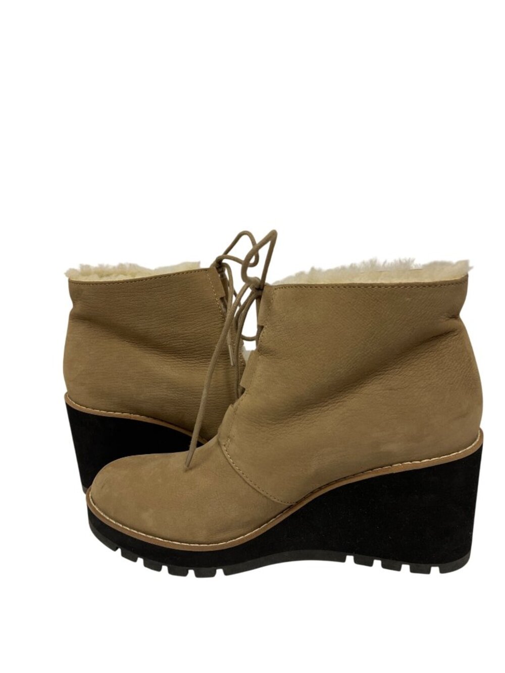 Eileen Fisher Alphine Shearling Wedge Booties Women's 9.5 Tan Suede Lace Up NEW - Picture 8 of 12